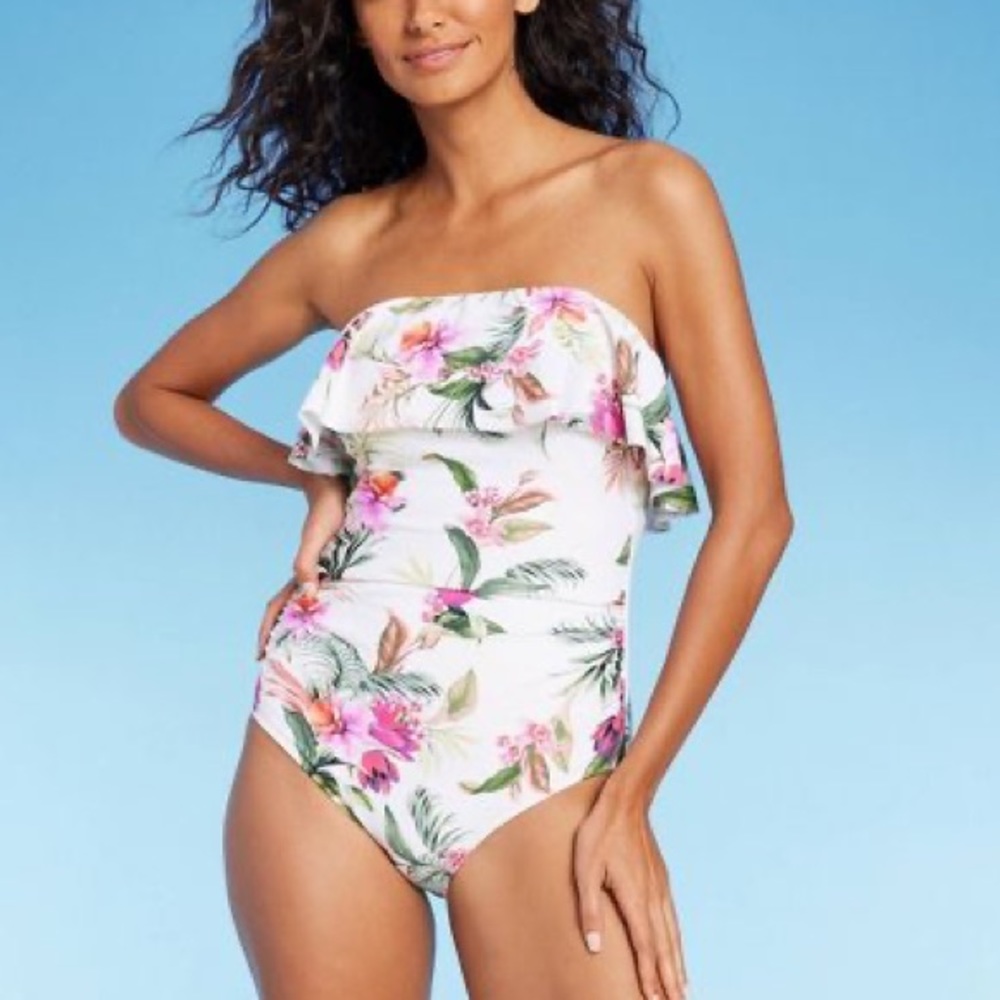 Kona Sol™ Bandeau Flounce Front Ruched Full Coverage One pc Swimsuit - Off White